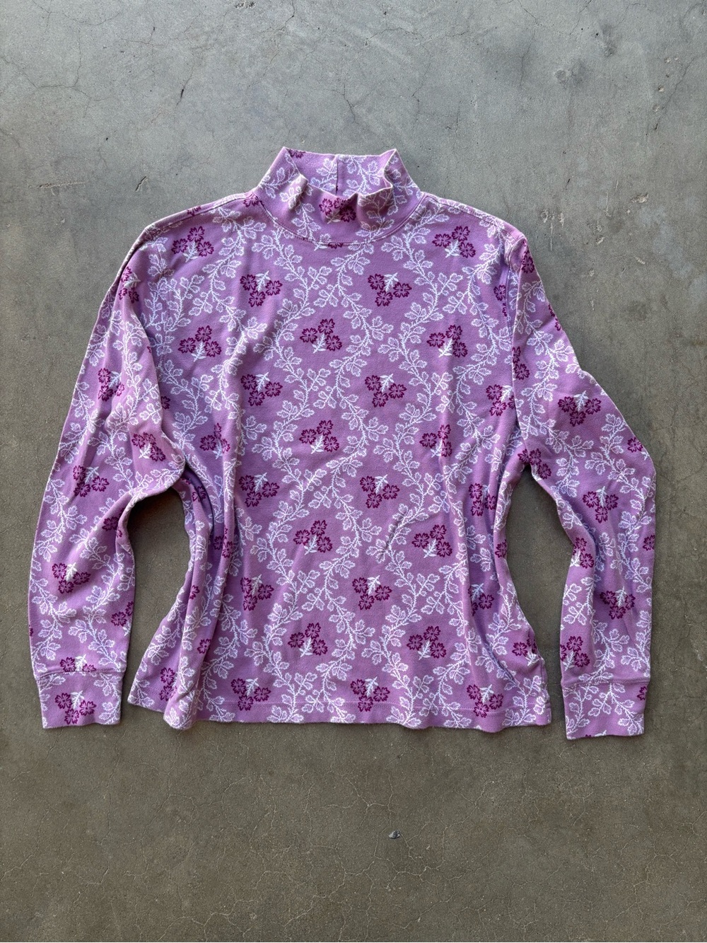Lands' End Relaxed Fit 100% Cotton Purple Botanical Mockneck L/S Tee M